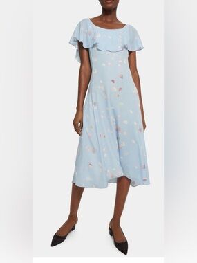 Theory Silk Scoop Ruffle Dress Floating Floral Blue Size 4 Midi Elegant